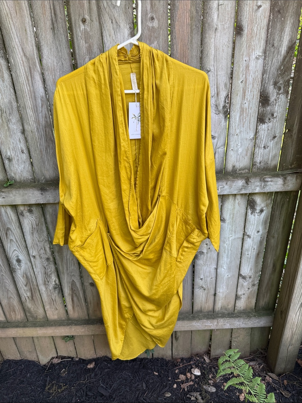 Lois London Cowl Drape Tunic Kaftan faux wrap gold yellow pockets “Free Size” OS